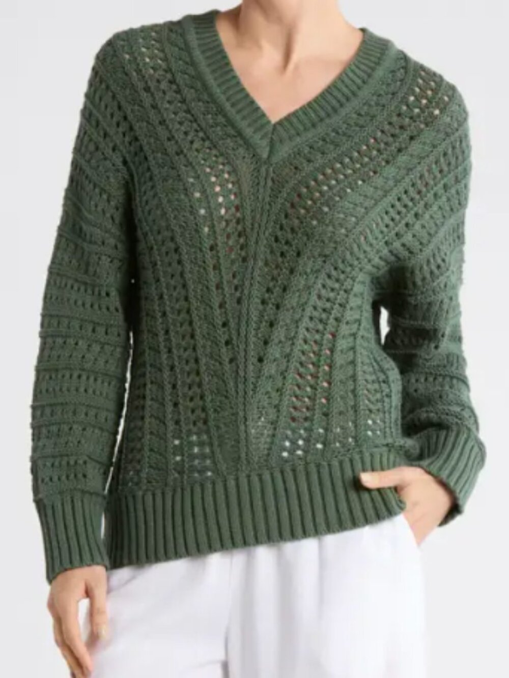Tommy Bahama Olive Green Open-Knit V-Neck Sweater